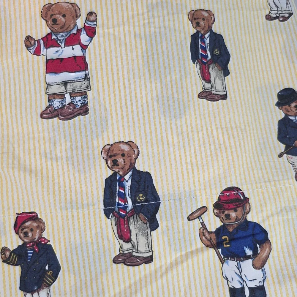 VTG Ralph Lauren Polo Bear Twin Sheet Set Yellow Pinstripe 100% Cotton USA
